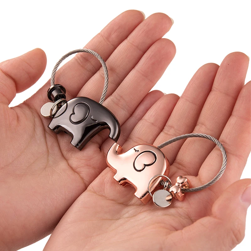 Good Luck Kiss Elephant Couple Keychain Pendant Wire Ring Chain Cute Cartoon Women Car Bag Backpack Ornaments Lovers Lanyard