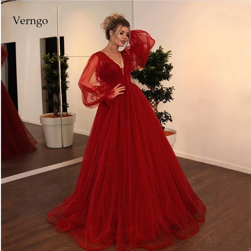 

Шикарные красные вечерние платья Verngo, праздничное платье из тюля в горошек с длинным рукавом, 2020, женское платье для вечеринки