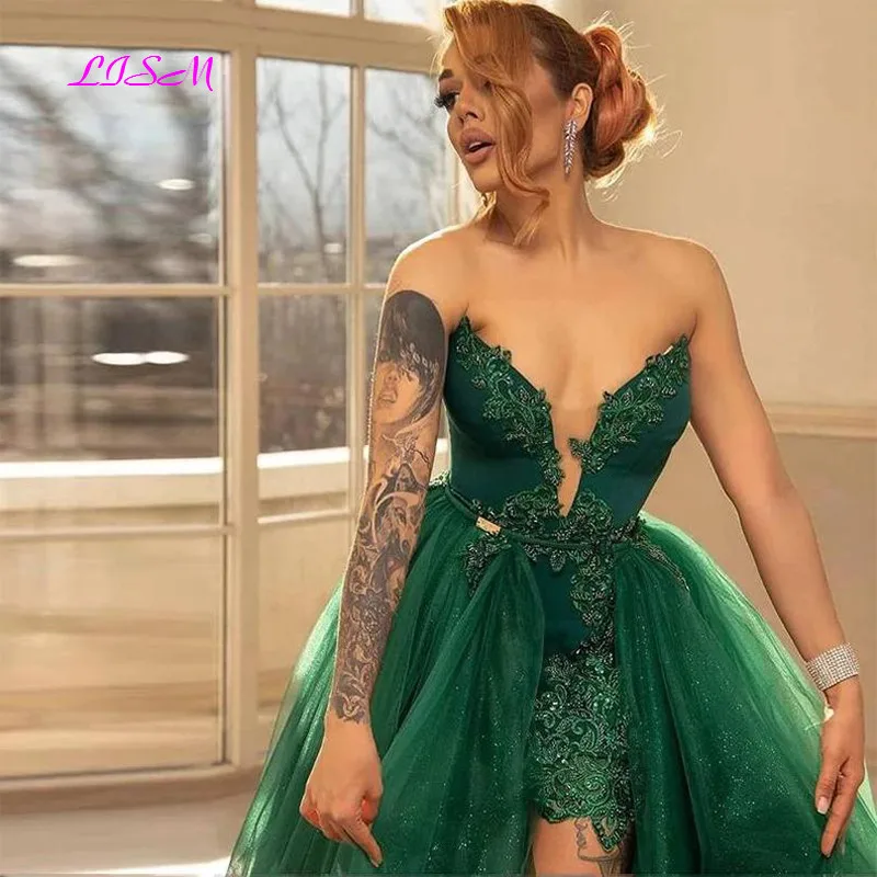 Vestido de noite de renda verde brilhante 2021 trem destacável apliques sem alças tule prom vestidos de festa de fiesta