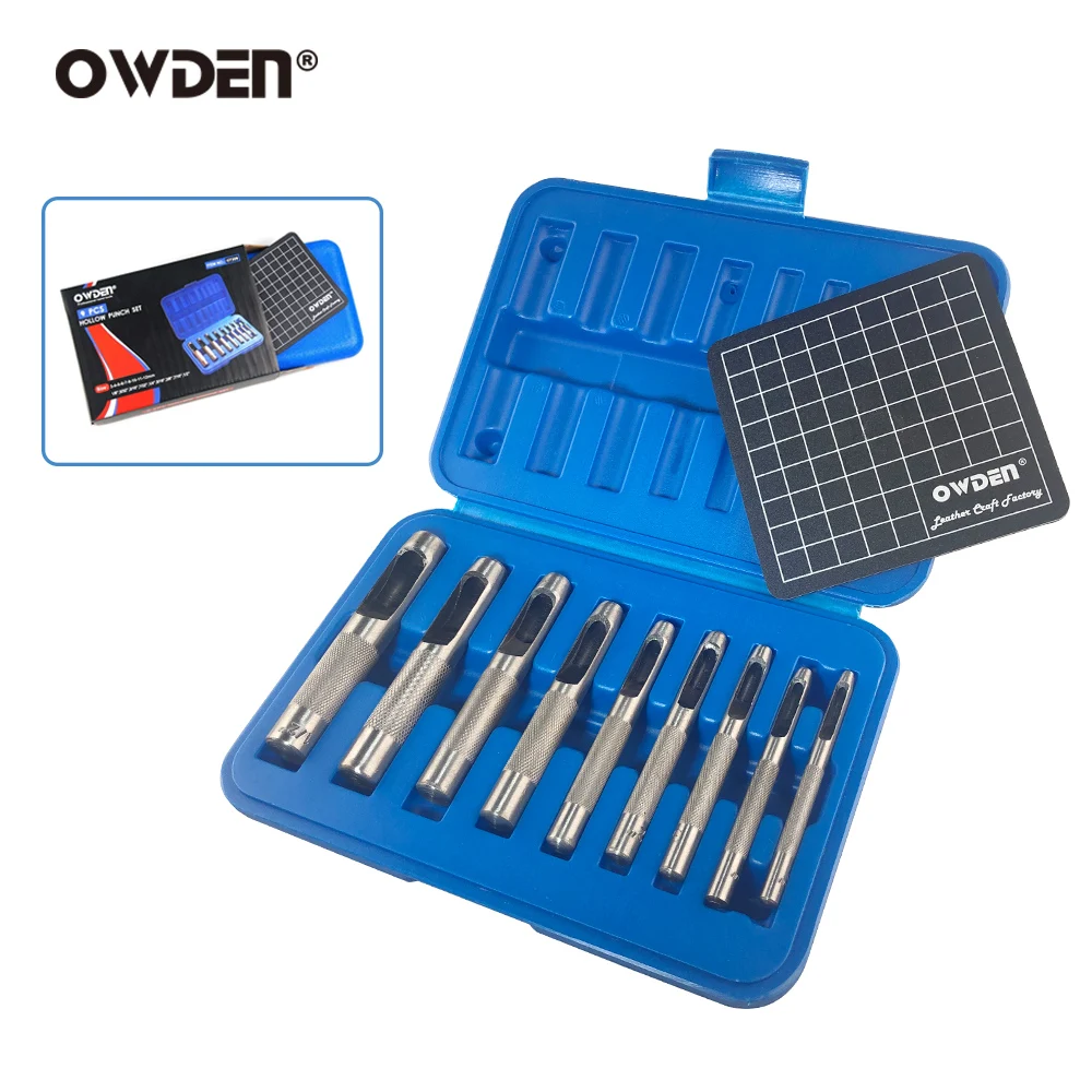 OWDEN 9Pcs Leather Hole Punch Set Leathercraft Belt hole Punch Canvas Hollow Punch Leather Tools Kit