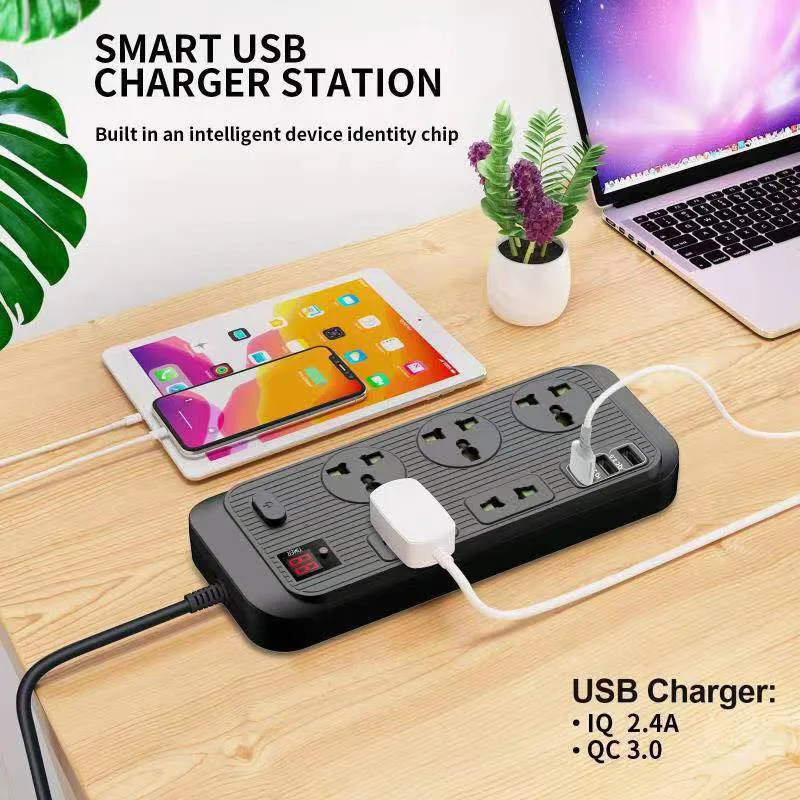 3000W Power Strip with 5 AC Outlets QC3.0 18W 3 USB Fast Charging Ports Socket Adapter Smart Timing Socket for iPhone 12 Samsung