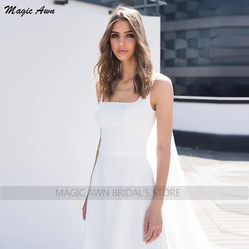 Magic Awn Khiêm Tốn Satin Trắng Váy Áo Với Voan Dây Không Tay Đơn Giản Đời Boho Mariage Đồ Bầu 2021 Abito Da Sposa