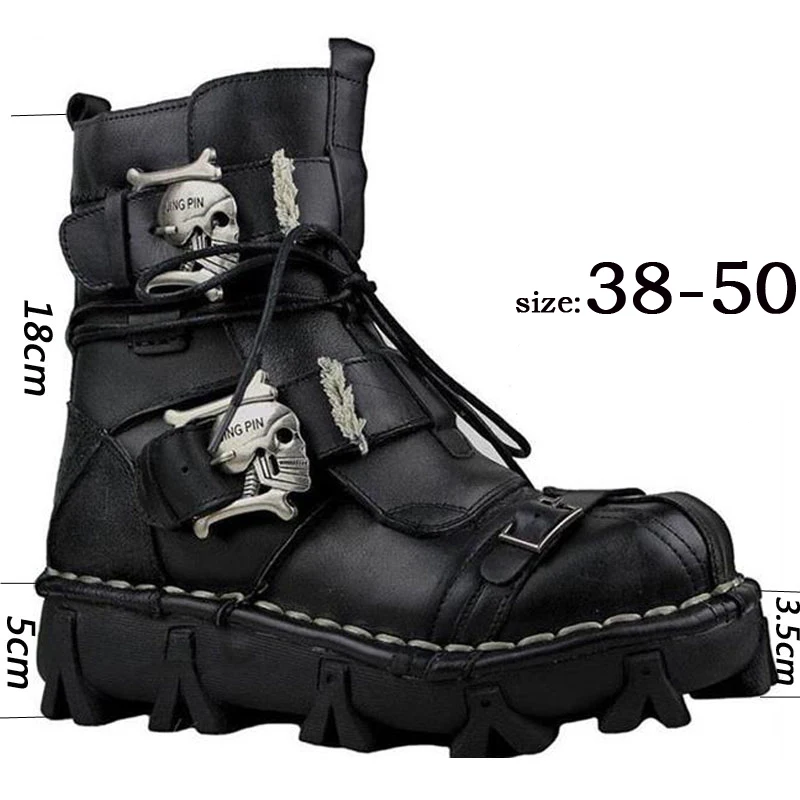 Men\'s Genuine Leather Motorcycle Boots Platform Goth Combat Boots Skull Punk Mid-Calf Boots Winter