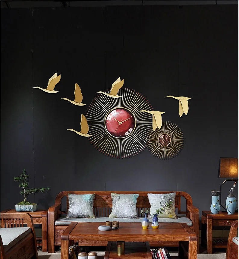 

New Chinese Wrought Iron Birds Wall Clock Wall Hanging Art Hotel Lobby Wall Sticker Decoration Home Livingroom Wall Mural Crafts