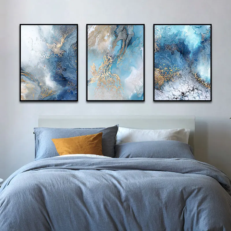 

Abstract Blue Gold River Art Canvas Painting Modern Landscape Art Posters and Prints Wall Art Picture for Living Room Home Decor