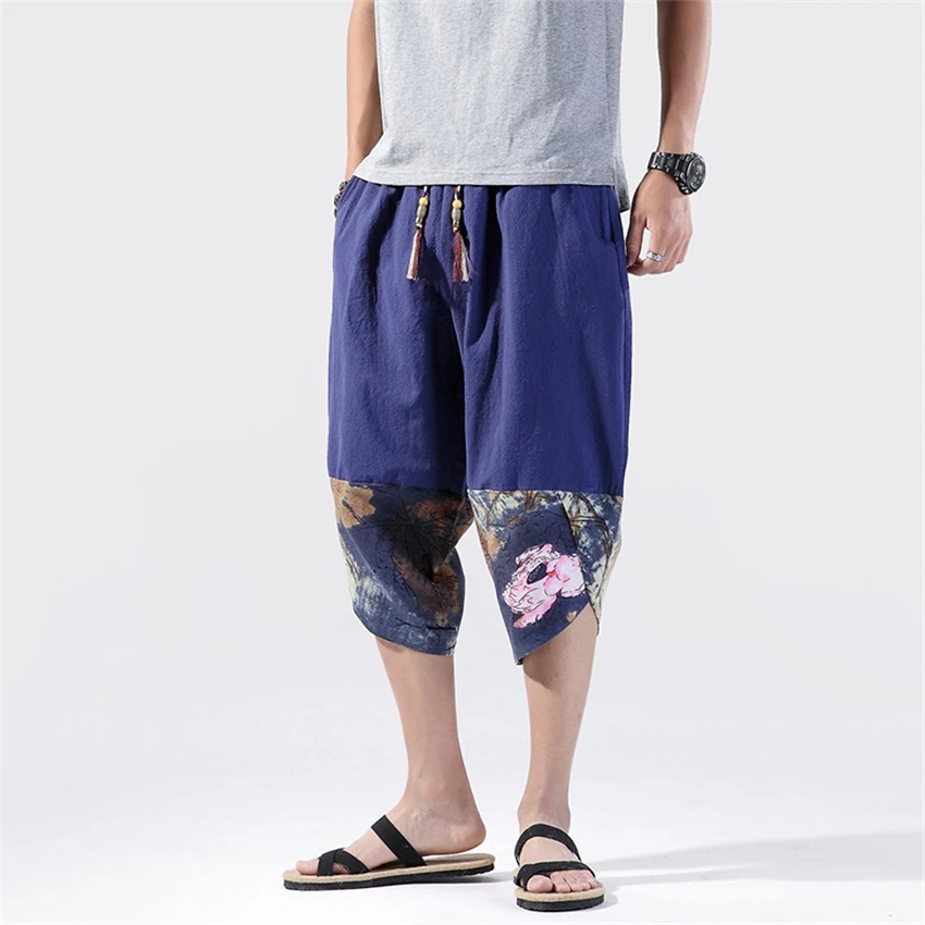 

Japanese Pants Men Clothing Summer Cotton Flax Harem Pants Loose Cropped Trousers Floral Print Fashion Trend Harajuku Streetwear