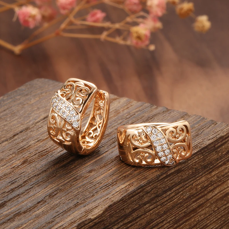 Wbmqda Hot Natural Zircon Big Ring Earring Sets 585 Rose Gold Ethnic Wedding Fine Crystal Flower Rings for Women Vintage Jewelry