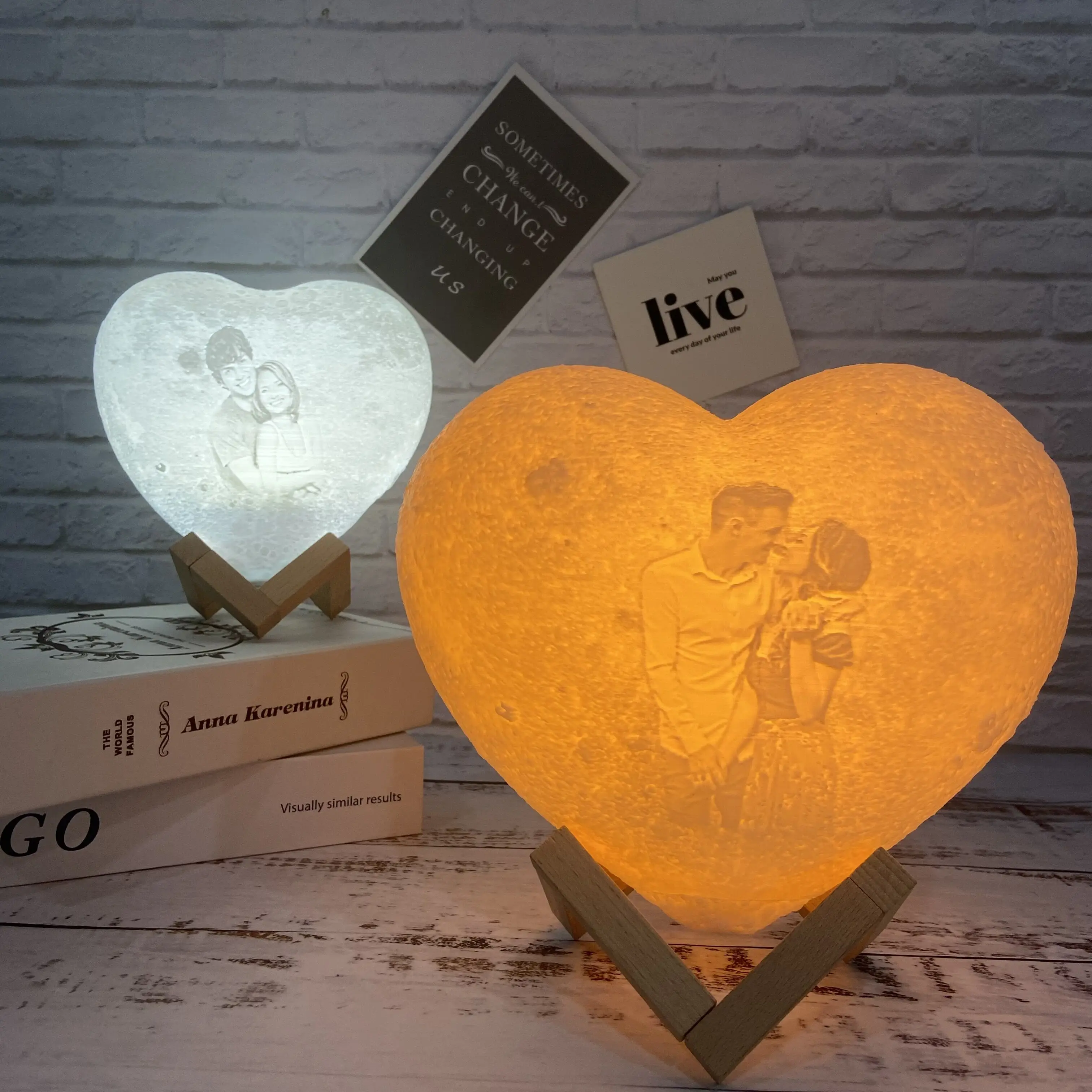 Lâmpada de lua personalizada com texto fotográfico, formato de coração, luz noturna de lua impressa em 3D, presentes personalizados para aniversário, dia das mães do pai