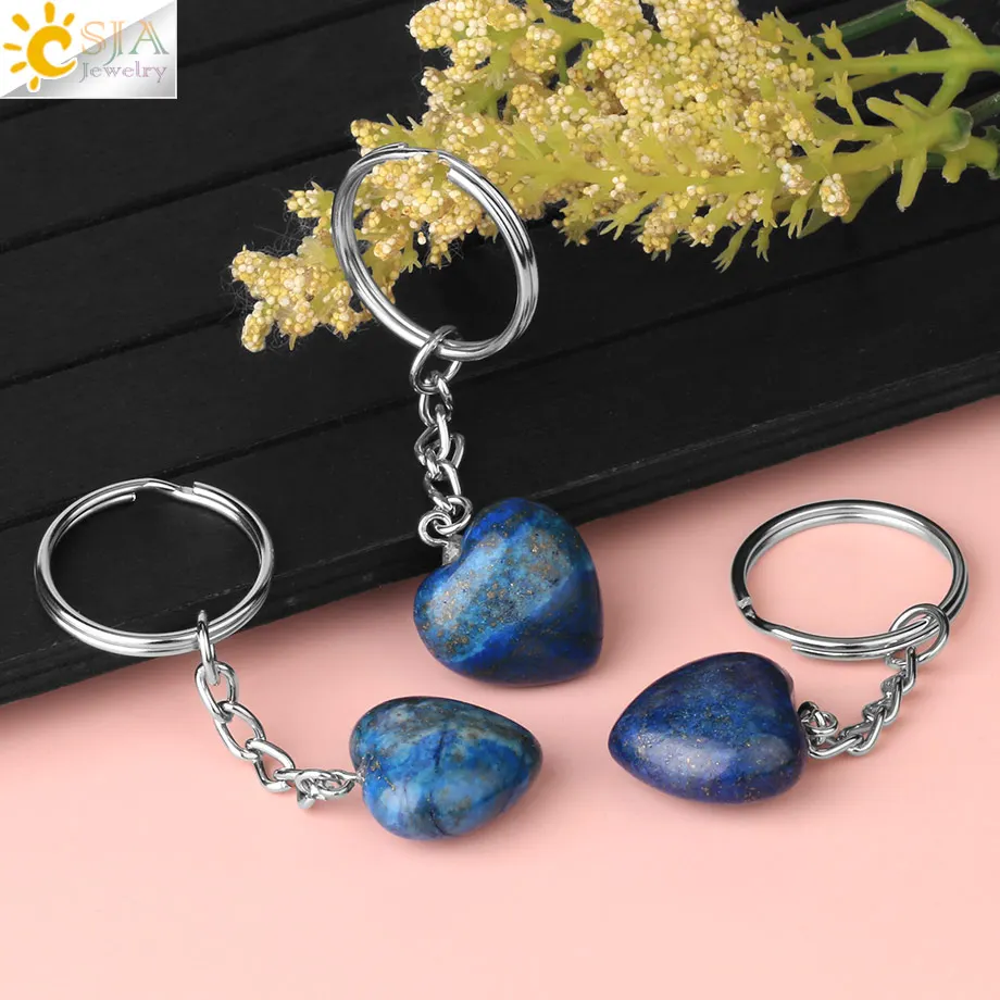 CSJA Heart Keychain Accessories Natural Stone Cute Door Car Keychains for Girls Couple DIY Motorcycle Key Chain Ring Holder G686