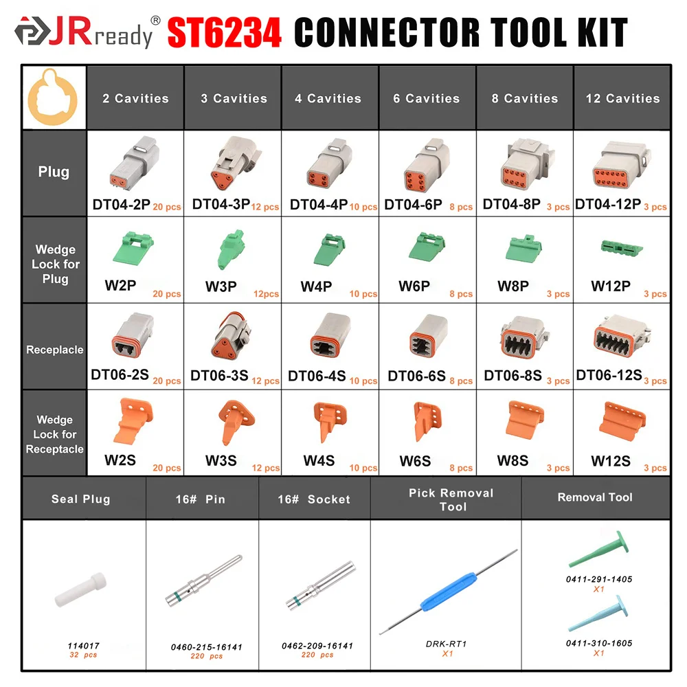 JRready DT Auto Contacts Waterproof Connector Kit 2 3 4 6 8 12 Pin Electrical Terminal Automotive Repair Accessories Kit ST6234