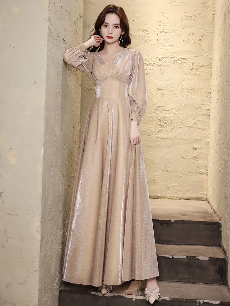 

Elegant Champagne Evening Dress Full Sleeve Floor Length Beading V-neck Formal Dress 2021 New Stylish Haute Couture Pageant