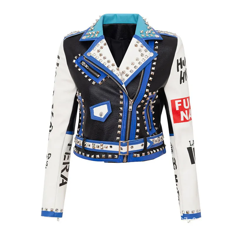 Women Spring Funny Printing Punk Rock Leather Jacket with Belt Rivet White Graffiti Moto Biker Clothing