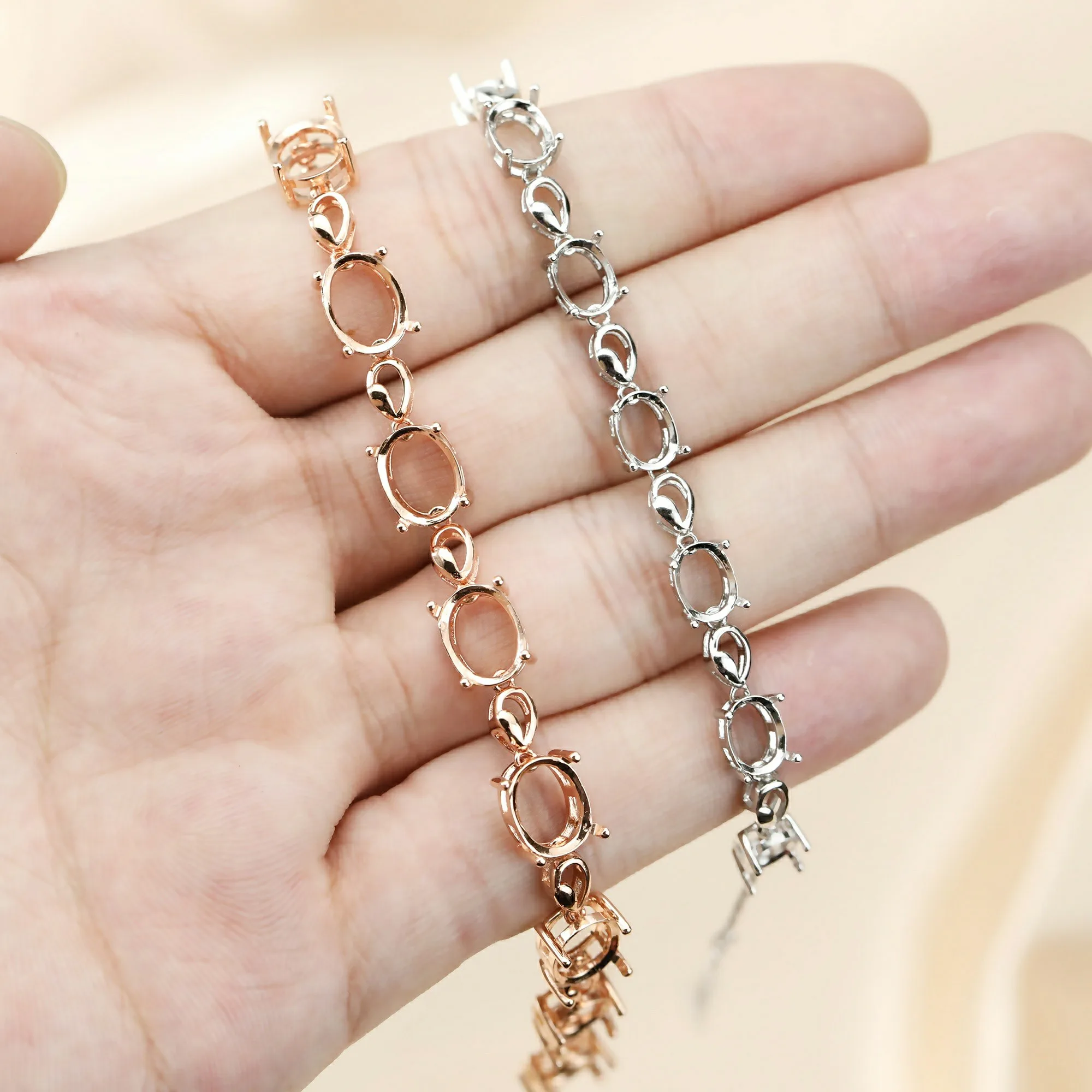 Multiple Size 8 Stones Oval Solid 925 Sterling Silver Rose Gold Tone Prong Bezel Bracelet Settings DIY Supplies 1900209