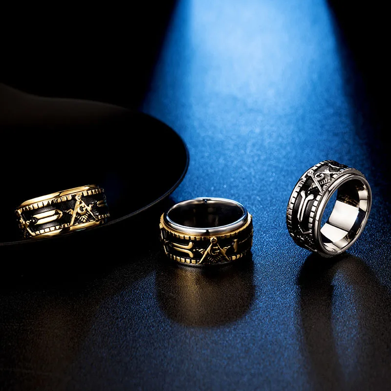 Valily Men\'s Gold Color Spinner Freemason Ring Stainless Steel Rune Rotating Mason Masonic Jewelry for Man