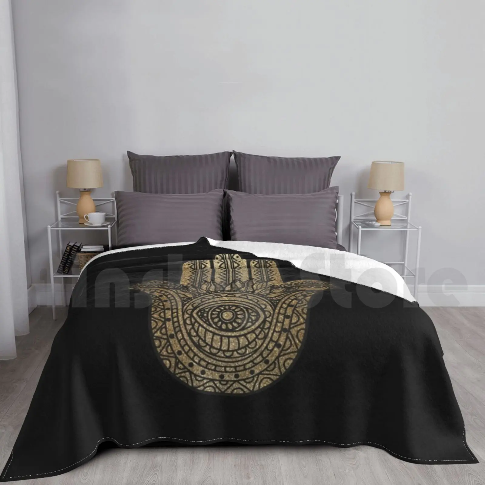 Golden Hamsa Hand Blanket Fashion Custom Hamsa Luck Evil Eye Symbol Jewish Zen India Meditation Yoga