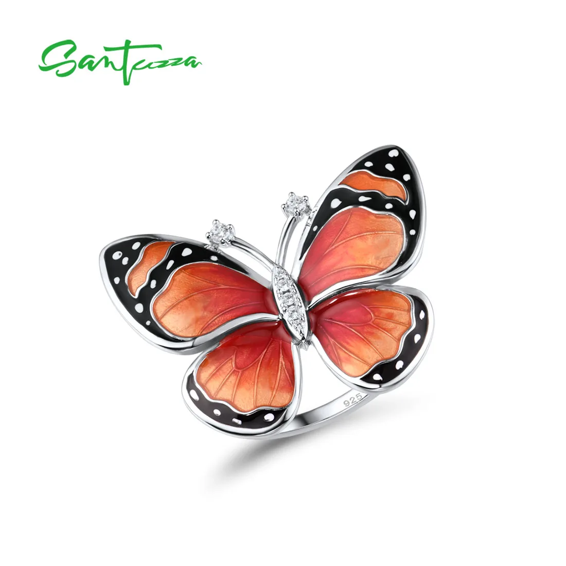 

SANTUZZA Genuine 925 Sterling Silver Rings For Women White CZ Coral Red Enamel Butterfly Ring Stunning Fine Jewelry Handmade