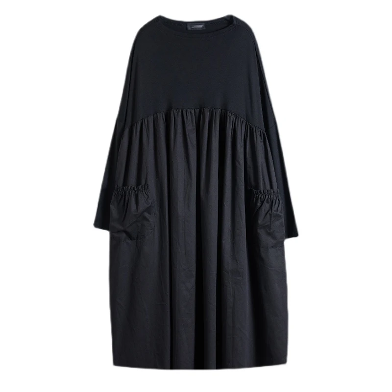 Long Sleeve Black Big Pocket Patchwork Dresses For Women Loose Casual Vintage Dress Fashion Elegant Clothing Spring Autumn 2026