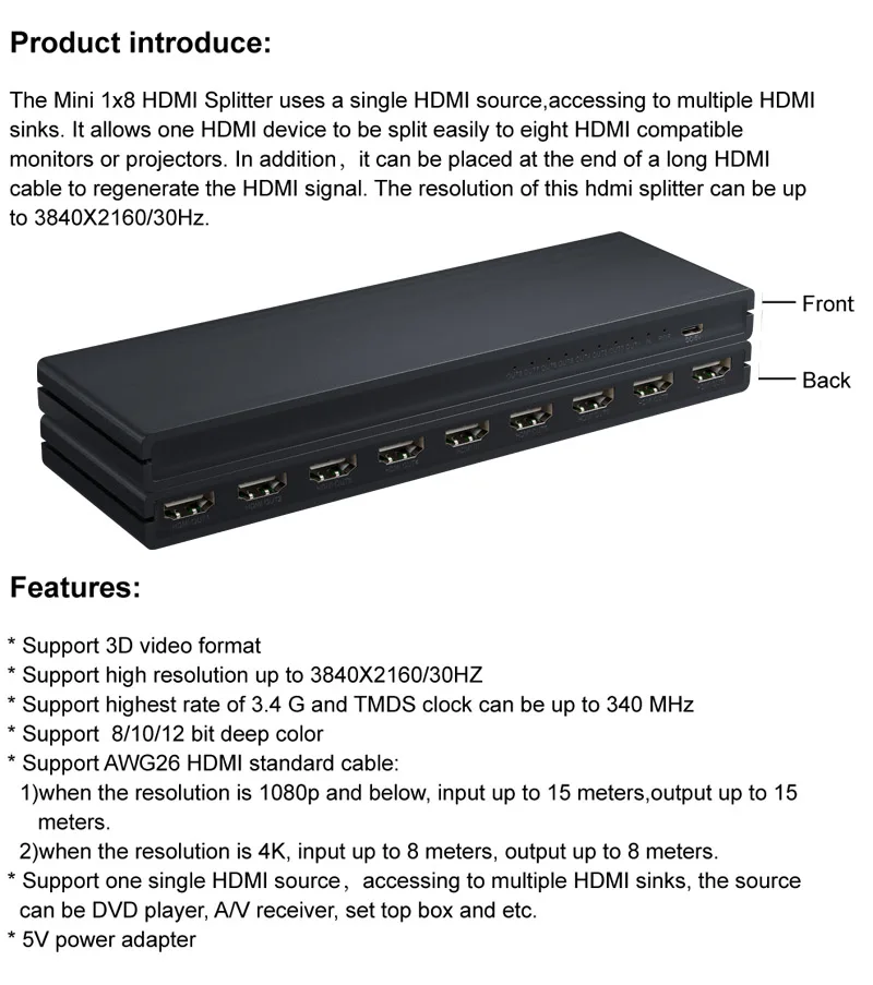 4K 1x8 HDMI Splitter Audio Video Distributor Converter for DVD Xbox PS4 Laptop PC To TV Monitor 1 in 8 Out Copy Mode Display