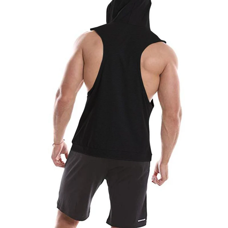 European and American Fitness Men\'s 100 Cotton Sleeveless Hooded Sweater Pocket Printed Triangle Wolf Muscle Vest Hot Sale