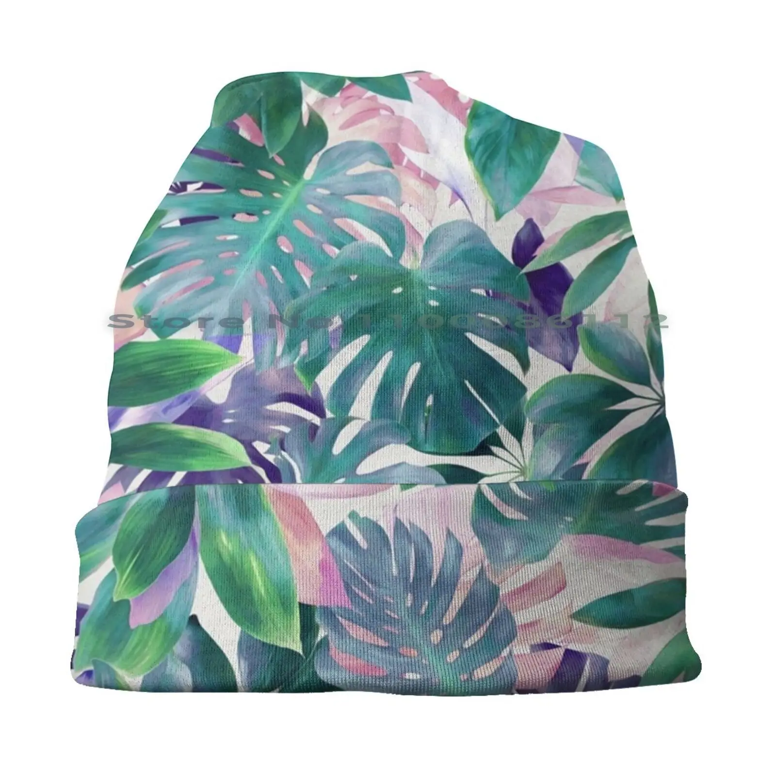 Pastel Summer Tropical Emerald Jungle Beanies Knit Hat Jungle Tropical Botanical Garden Nature Pattern Painted Acrylic