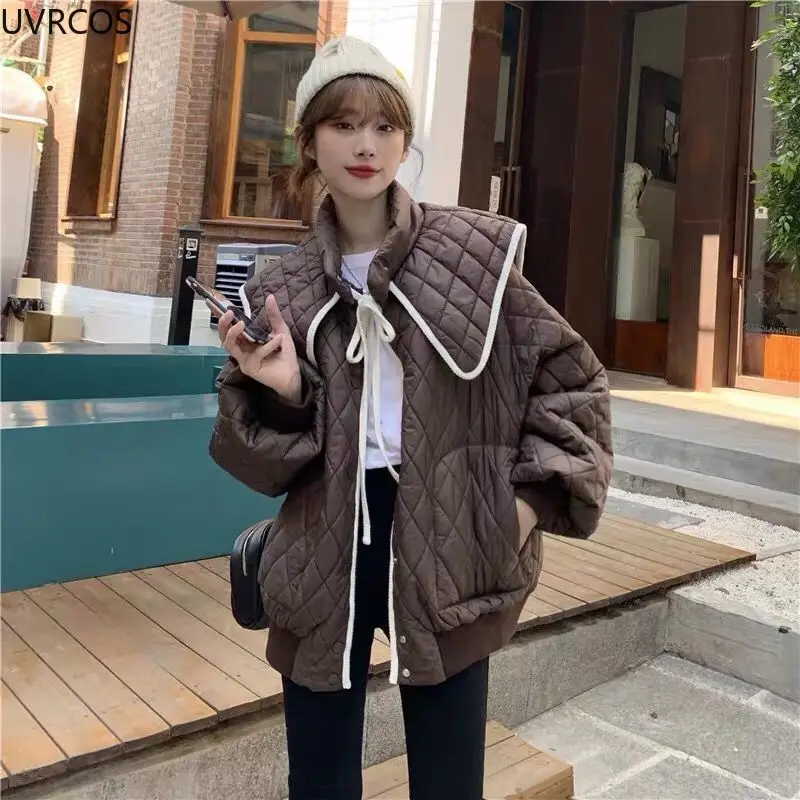 Winter Sweet Warm Cotton Coats Women Cute Turndown Collar Loose Casual Padded Jacket Solid Color Single Breasted Office Clothes