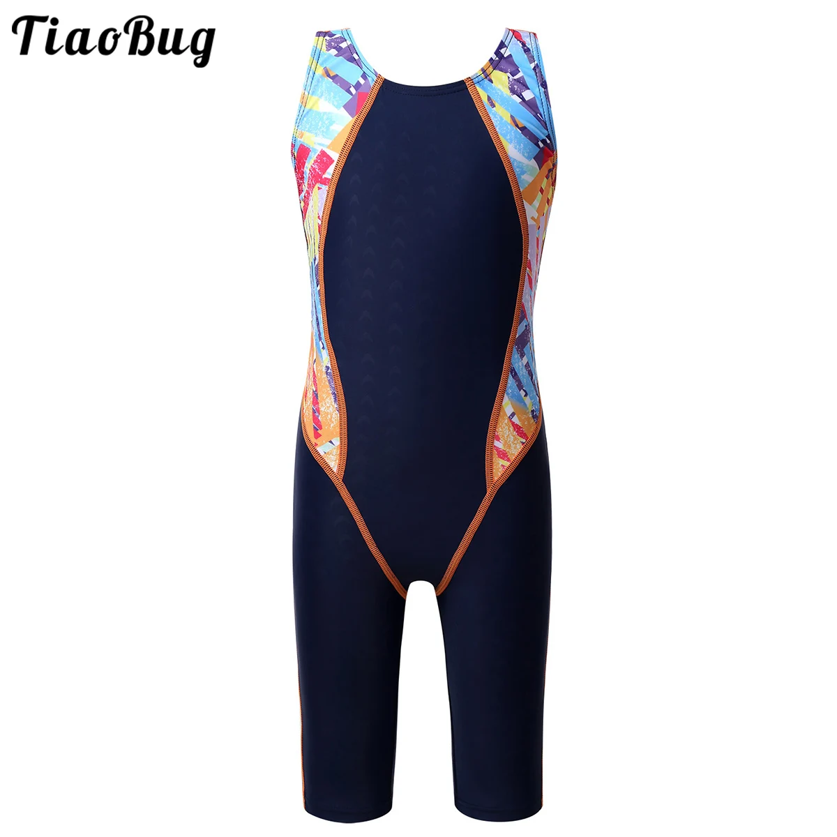 

TiaoBug Summer Kids Girls Splice Athletic Competitive One-Piece Knee Length Racerback Swimsuits Swimwear Bathing Suit