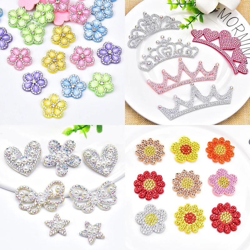 10Pcs/Lot Felt Embroidery Acrylic Rhinestone Pearl Flower Star Heart Crown Patches Bridal Appliques For Garment Decoration