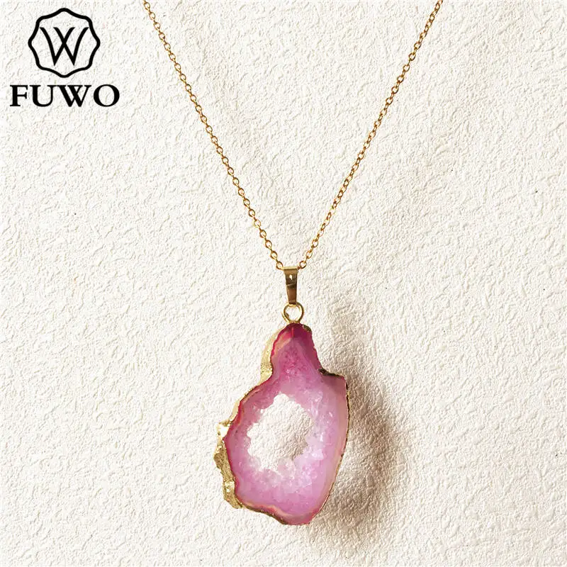 

FUWO Wholesale Natural Geode Slice Necklace,Golden Plated Dyed Agates Jewelry For Women 5Pcs NC271