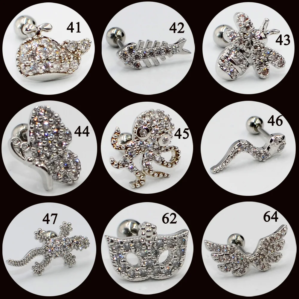 1PC Ear Studs 60Styles Chosse CZ Zircon Moon Star Earring Tragus Helix Cartilage Gold & Silver Color Body Piercing Jewelry 20G