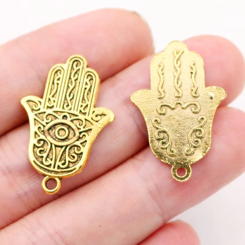 10pcs / lots Charms Hamsa Palm Fatima Hand Protection 28x19mm Antique Gold Color Pendants Making DIY Metal Handicraft Finding