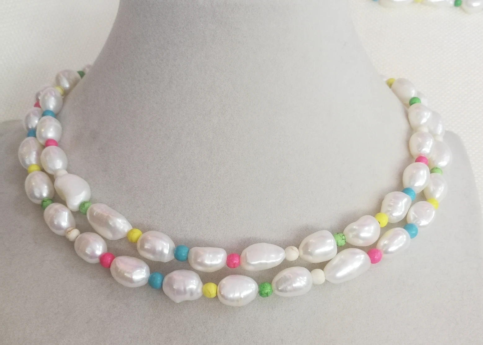 2 Rows 10mm white baroque pearl colorful stone mixed choker necklace Natural freshwater pearl Women Jewelry 35-42cm 14-17''