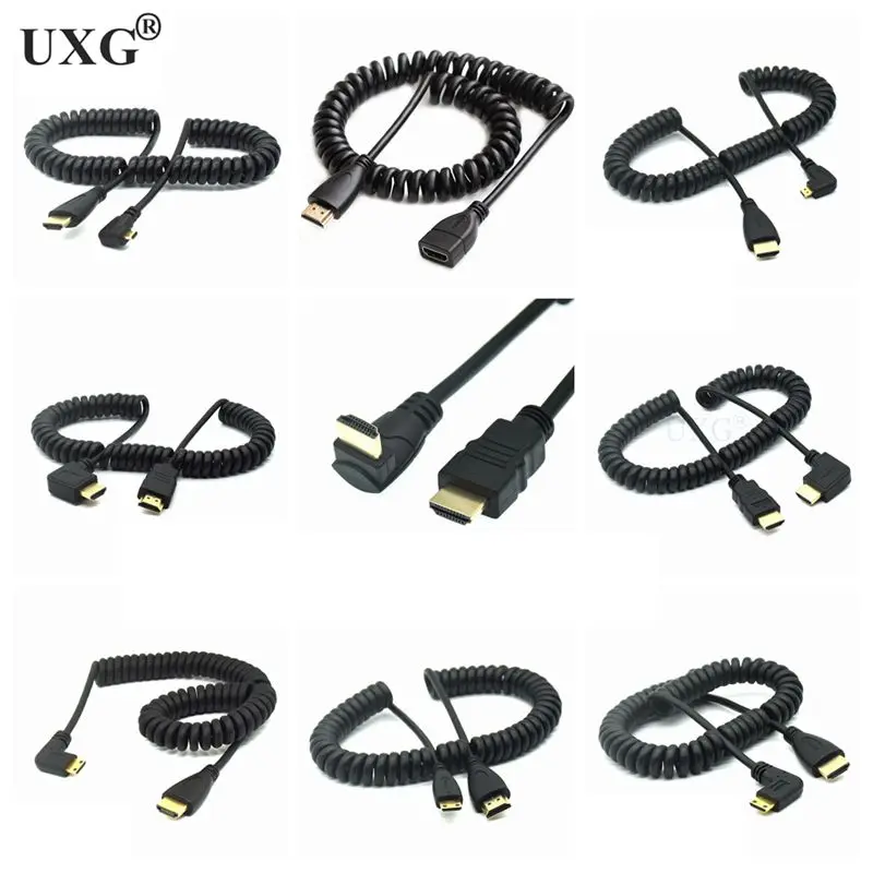 HDMI-compatible A To Right Up Left Down Angle Mini Micro Male To Male Stretch Spring Curl Flexible Cable V1.4 DSLR 0.5M 6ft 1.8M