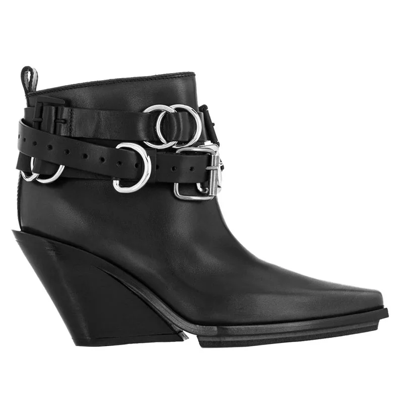 Wedge heel cowboy ankle boots women black boots winter pointed thick with silver buckle belt Chelsea boots strapped shoes woman