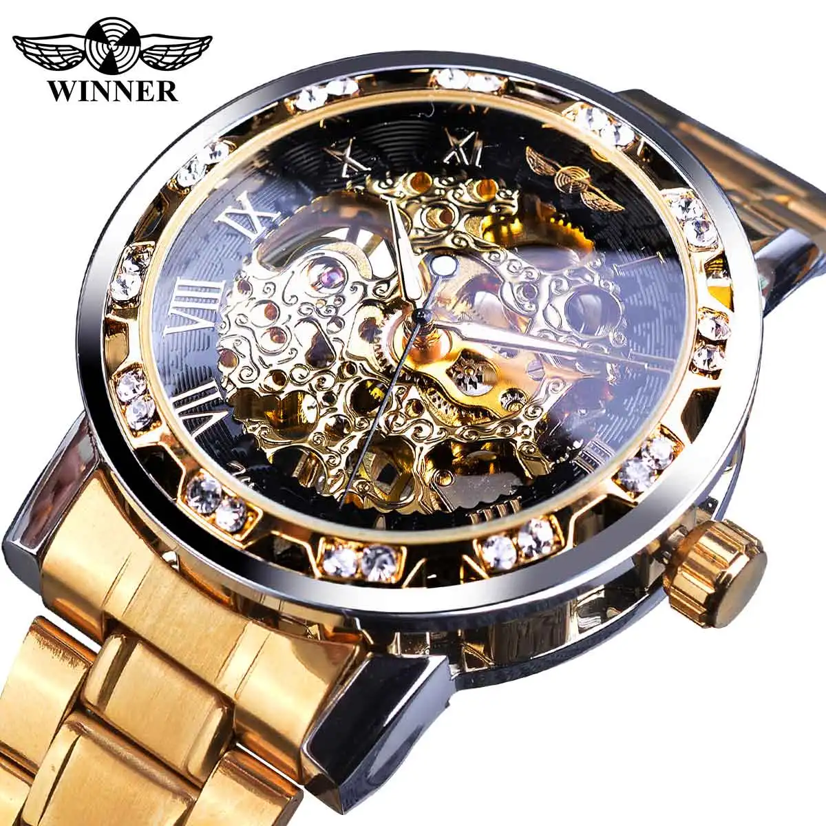 

Winner Golden Diamond Mechanical Watches Roman Analog Wristwatch Luxury Male Skeleton Watch Luminous Clock Relogio Masculino