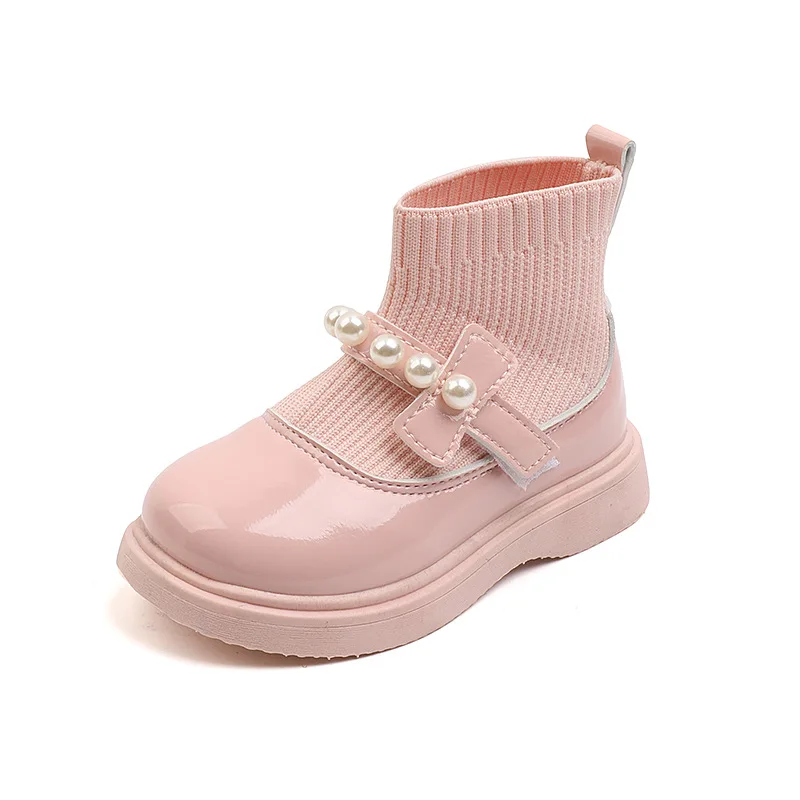 Winter Thick Cotton Girls Sock Shoes Kids Fashion PU Mary Jane Shoes Princess Dress Shoes for Party Children Korean Pearls Shoes