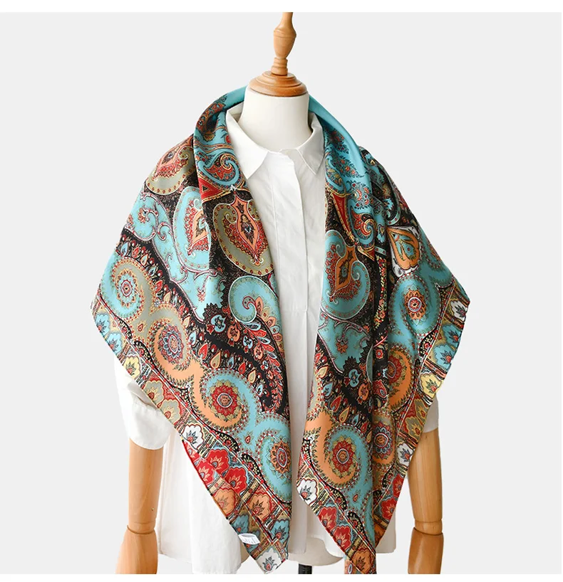 Peacock Blue Natural Satin Silk Scarf 110cm Big Square Bandana Printed 100% Pure Silk Scarves Women Luxury Shawl Gift for Lady