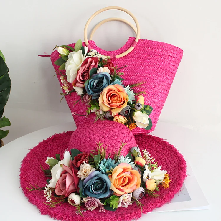 Imagem -02 - Bolsa de Praia de Verão Feminino e Chapéu Terno Multicolorido Flores Artificiais High-end Personalizado Bohemia Estilo Rattan Bolsa de Palha