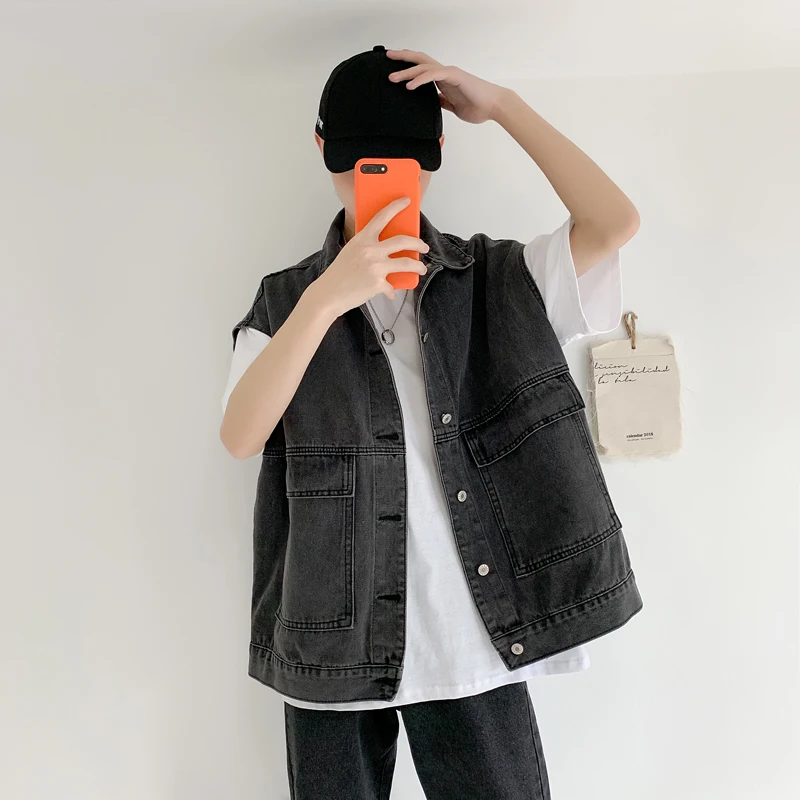 Vesten Vrouwen Lente Denim Unisex Koreaanse Stijl Jassen Losse Mouwloze Mode Cargo Zakken All-Match Paar Casual Mujer Ontwerp