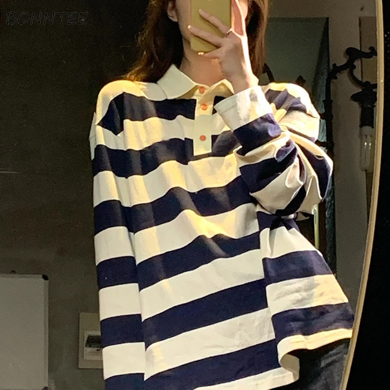 

T-shirts Women Autumn Panelled Design Korean Style Preppy Look Simple Striped Leisure Long Sleeve Baggy All-match Prevalent Teen