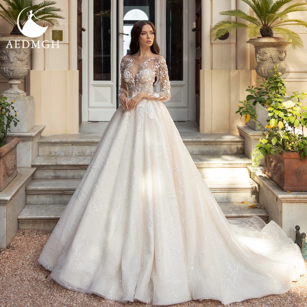 Aedmgh A-Line Luxury Wedding Dresses Sweetheart Long Sleeve Vestido De Novia Lace Appliques Sequined Custom Made Bridal Gown