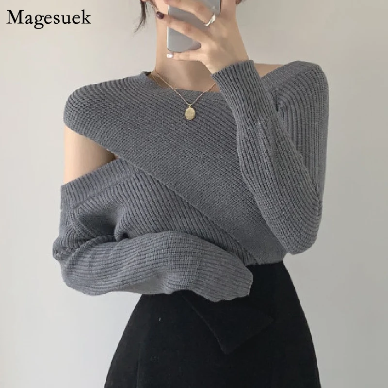 

Vintage Long Sleeve Pullover Women Chic Irregular Women Sweaters 2021 Fashion Slash-neck Hollow Out Solid Knitted Sweater 17511
