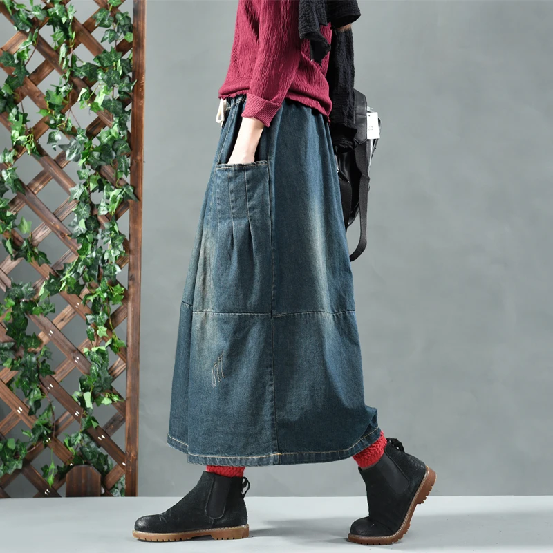 TIYIHAILEY Free Shipping 2020 Cotton Denim Long Mid-calf Skirts For Women Summer Elastic Waist A-line Skirts With Big Pockets