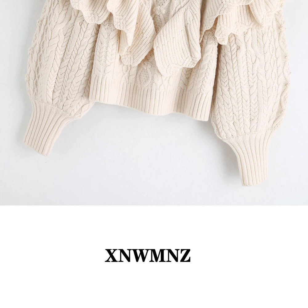 XNWMNZ 2024 Women Fashion Ruffled Cropped Knitted Sweater Vintage High Neck Lantern Sleeve Female Pullovers Chic Tops