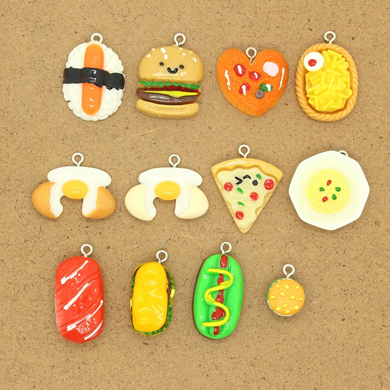 10pcs Hamburger Pizza Food Resin Charms Diy Crafts Hot Dog Sushi Cake Earring Pendants Accessory For  Jewelry Making