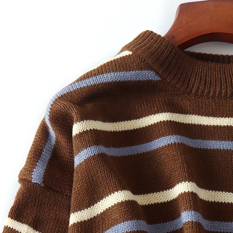 Striped Vintage Loose Round Neck Acrylic Knitted Sweaters Women Korean Fashion Long Sleeve Pullover Sweater Woman Winter 2022
