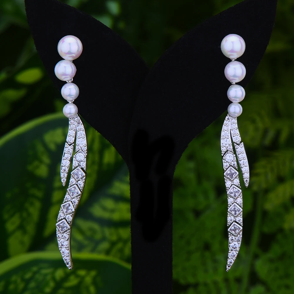 

Jimbora Fashion High End Jewelry Full Mirco Paved Cubic Zircon Naija Dubai Wedding Earring Luxury Baguette Cut CZ Long Earrings