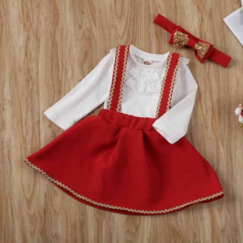 Baby Girl Clothing Christmas Infant Baby Girl Spring Autumn Ruffle Lace Romper+Bowknot Bib Dress 3PCS Clothes