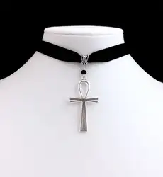 New Goth Ankh Necklace Black Choker Egyptian Grunge Ankh Eternal Life Choker Witchy Jewelry Pendant Women Gift Fashion
