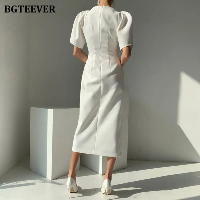 Bgteever Elegante Dames V-hals Slanke Taille Mid-Lengte Jurk 2022 Lente Zomer Vestidos Korte Mouw Split Vrouwelijke Jurken