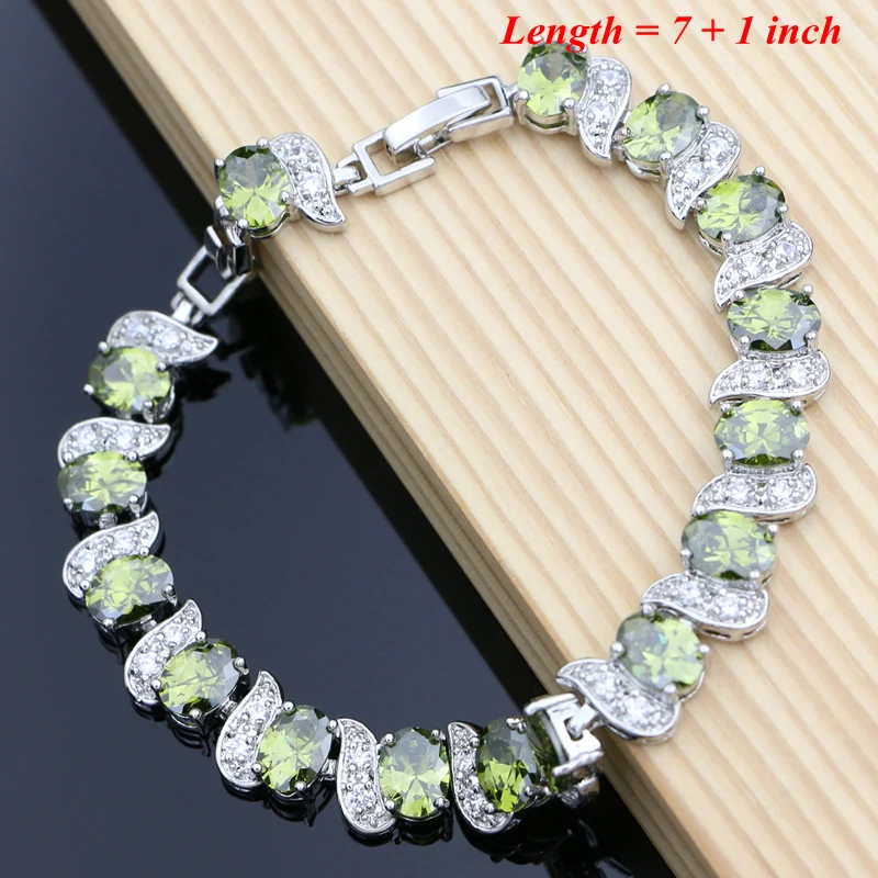 Women Silver Bridal 925 Jewelry Sets Olive Green Topaz Charm Bracelet Earrings Birthstone Necklace Sets Best Gift Dropshipping